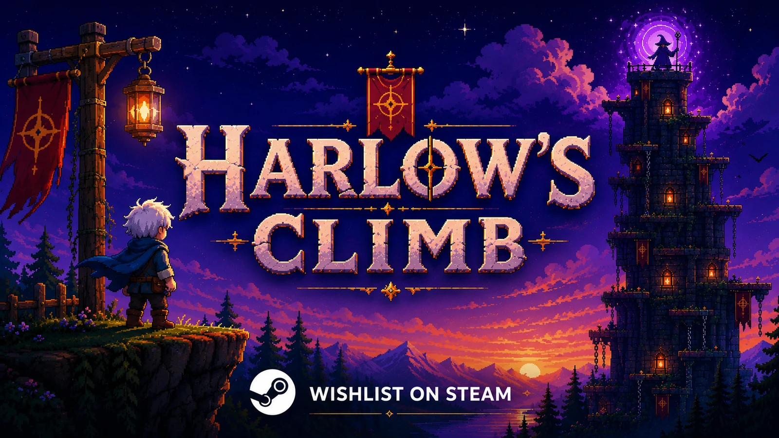 Harlow's Climb promotional artwork showing Harlow, the tower, and the Steam wishlist message